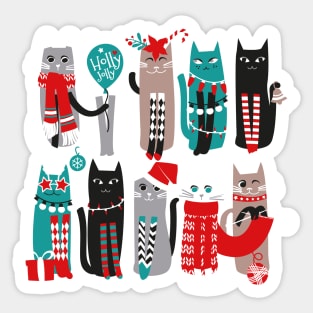 Feline Christmas vibes // print // dark teal background grey mint white brown and black kittens Sticker